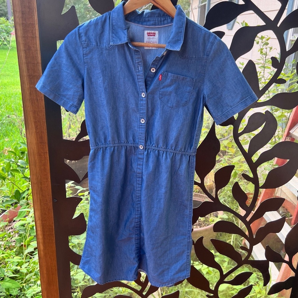 Levis Girls Denim Shirt Dress Medium Wash Short Sleeve Elastic Waist L 12/13